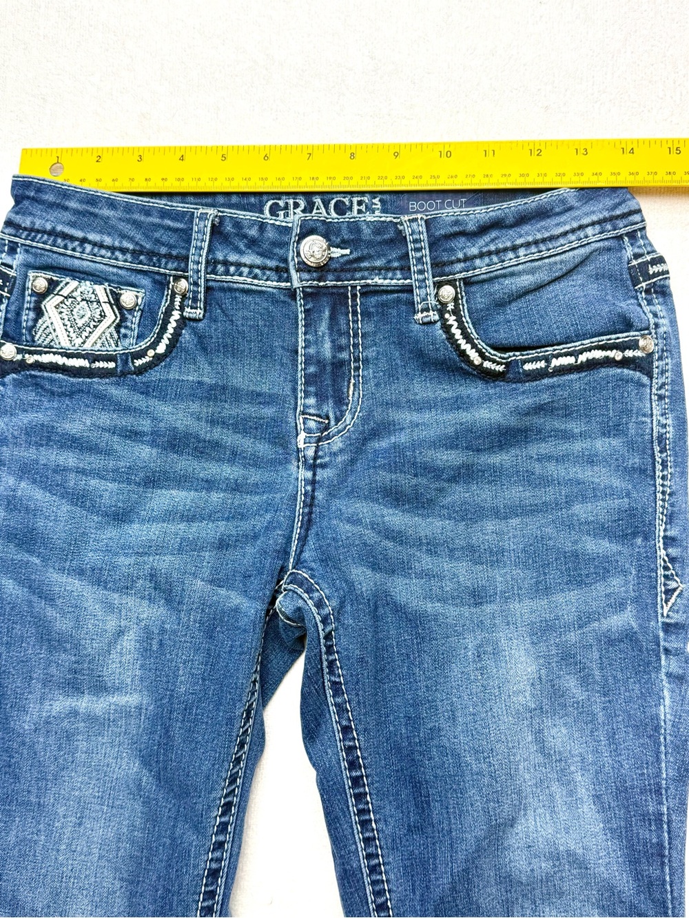Grace in LA Medium Blue Bootcut Jeans with Beaded Pocket Accents - Picture 9 of 10